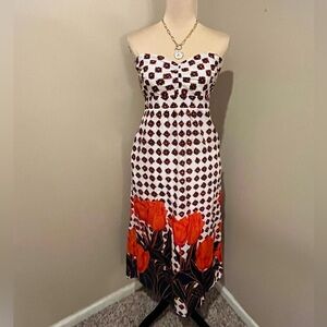 Anthropologie Maeve Strapless Orange, Navy & Ecru Floral Midi Dress, size 4